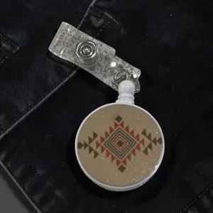 Round Aztec Retractable Badge Reel in Tan and Rust