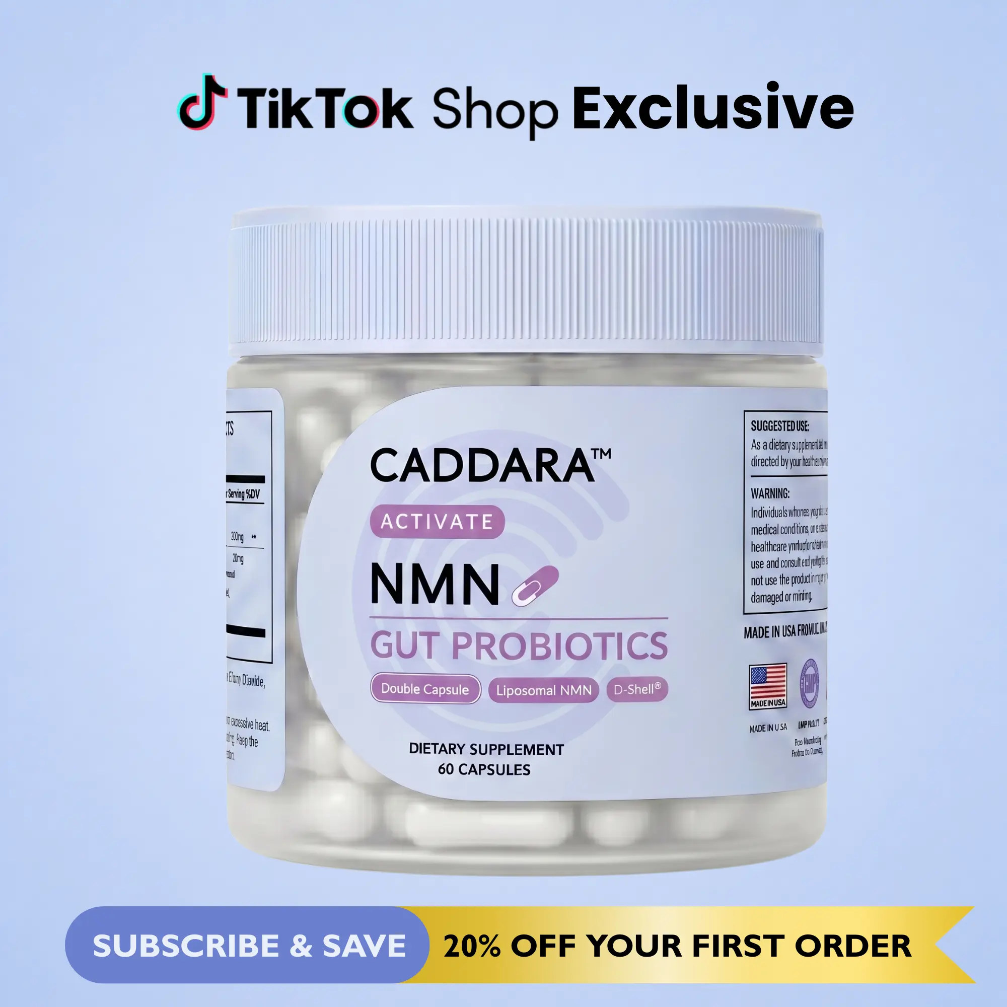 Caddara Clean Liposomal NMN 300mg & Gut Probiotics Supplement Stack, Double Capsules, Gut Support, Cellular Boost, NAD+ Alternative, 60 Capsules, 30 Servings Dietary Supplement for Adults, Prop 65 Safe, D-Shell Focused Delivery Technology