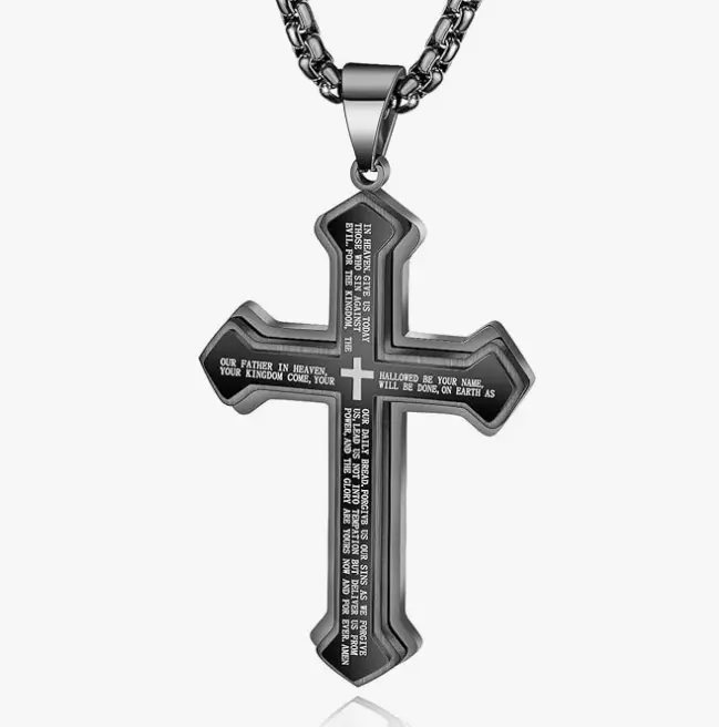 Men's 24in Stainless Steel Long Cross Necklace - Elegant Retro Look Lord’s Prayer Pendant, Spiritual Jewelry, Christian Gift for Male Birthday, Baptism, Father’s Day