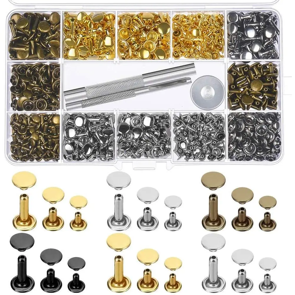 480 Sets 3 Sizes Leather Rivets Double Cap Rivet Tubular Metal Studs with 3 count Setting Tool Kit for Leather Craft Repairs Decoration, 4 Colors