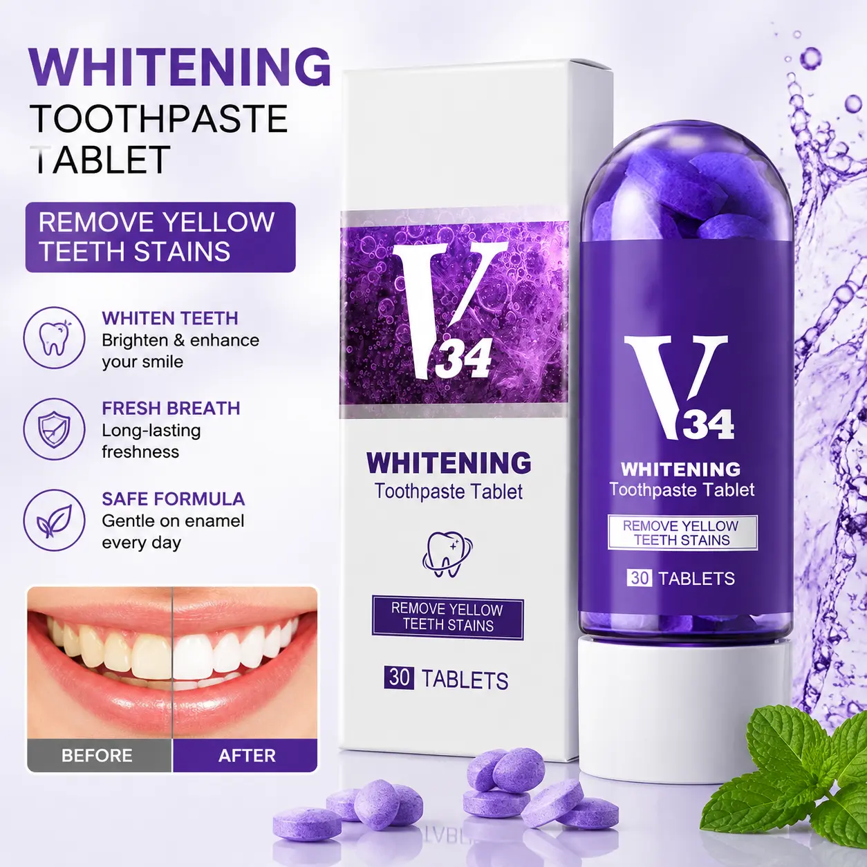 Purple Color Correcting Toothpaste, Fresh Mint Oral Care Toothpaste for Daily Teeth Care, Brighter Smile Routine