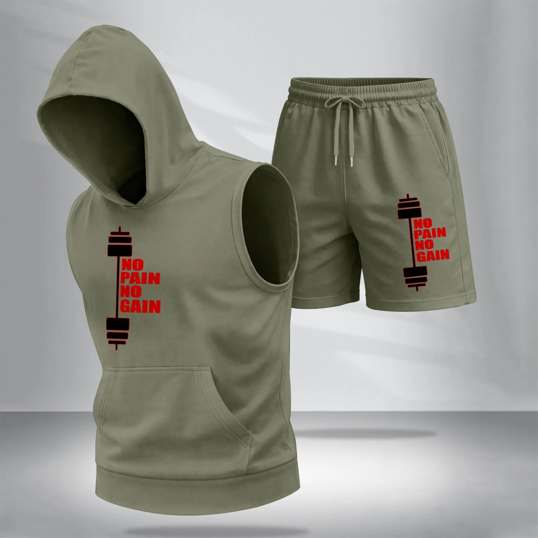 Men’s Fitness Motivation Sleeveless Hoodie Set – “No Pain No Gain” Dumbbell Graphic Shorts Set, Lightweight Breathable Summer Activewear for Gym, Workout, Training, Daily Wear