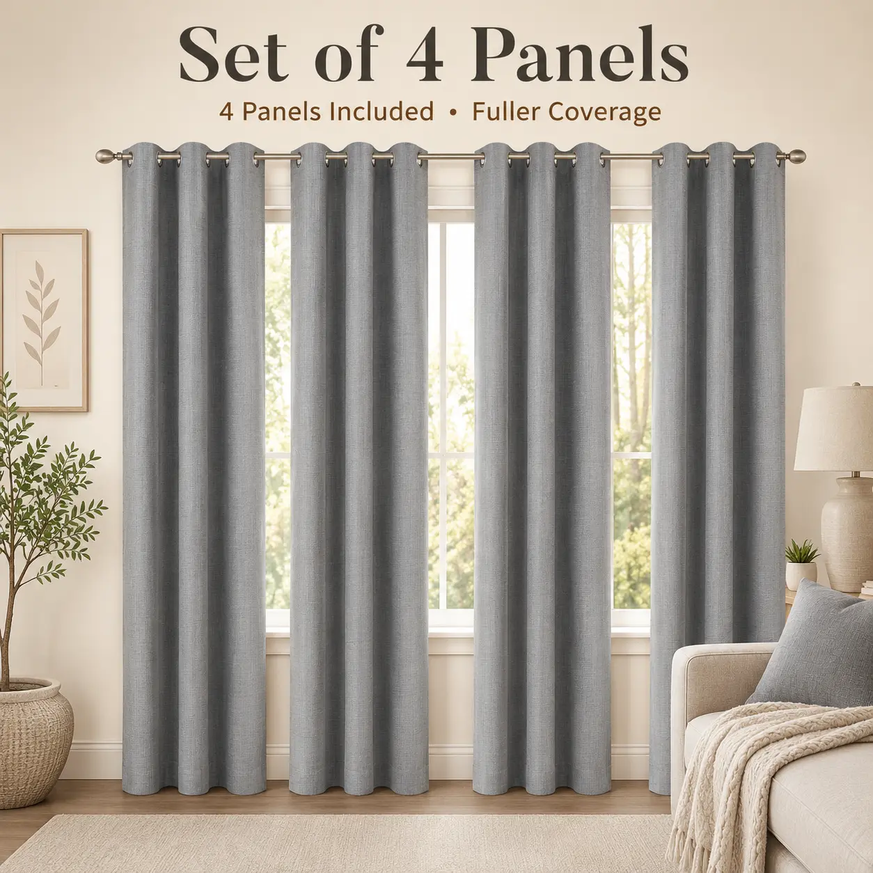 Linen-Look Blackout Curtains 4 Panels Set, 100% Blackout Drapes with White Blackout Backing, Durable Grommet Top Window Curtains, Privacy Protection for Bedroom Living Room, Multiple Sizes