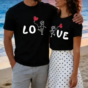 Couple Love Matching T Shirts Unisex Short Sleeve Cotton Tee Cute Cartoon Heart Design Romantic Casual Outfit For Couples Vacation Beach Valentine Gift