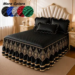 Silky Cool Chiffon Lace Decorative Bed Skirt Set, Includes 1 Bed Skirt and 2 Pillowcases, Quilted Mattress Protector, All Seasons