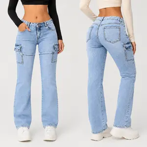 Light Blue Cargo Denim Pants for Women, Straight Leg Mid Rise Jeans with Side Pockets, Medium Stretch Casual Streetwear Pants