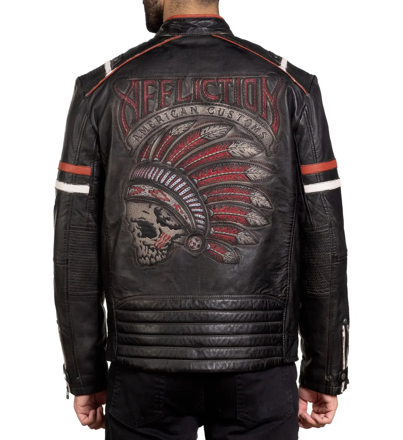 Affliction Men's Dakota Leather Moto Jacket, American Customs Embroidered Menswear Tops with Zip Vents & Pockets, Coats, Graphic, Casual Wear, Genuine Leather, Fabric, Pouch Pockets