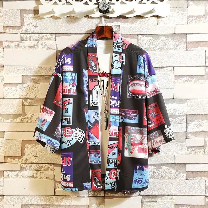 TOP Men's Summer Ukiyo-e Kimono Cardigan Chinese Style Hanfu Robe 3/4 Sleeve Lightweight Sun Protection Jacket with Wave & Dragon Print Menswear Clothes