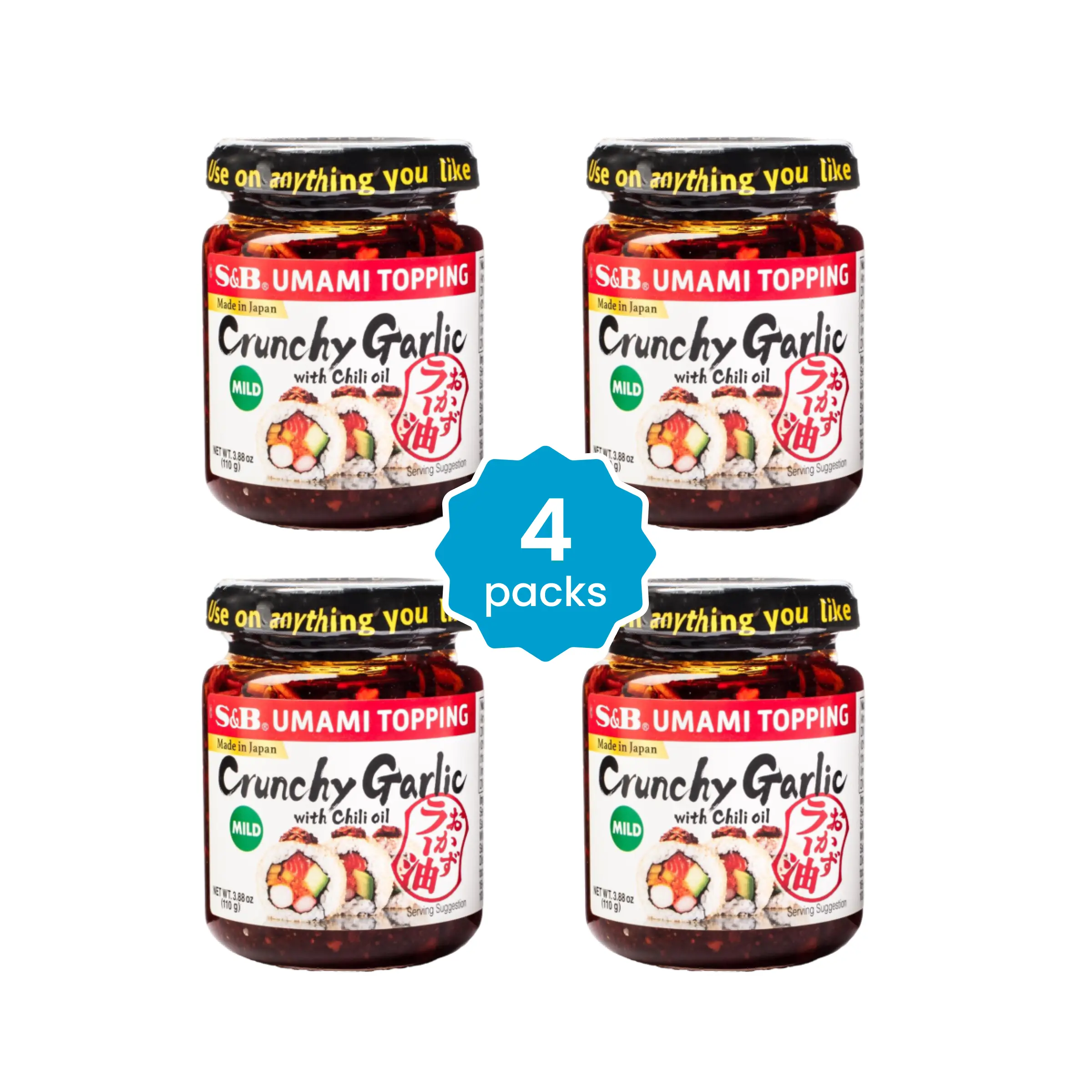 S&B Umami Topping Japanese Condiment Value Pack - 4 Packs (3.88 oz x 4), Crunchy Garlic, Chili Oil, Mild or Spicy Flavor, Ambient Cooking Staple, Spicy Sauces S&B Umami Topping Japanese Condiment Value Pack - 4 Packs (3.88 oz x 4), Crunchy Garlic, Chili Oil, Mild or Spicy Flavor, Ambient Cooking Staple, Spicy Sauces