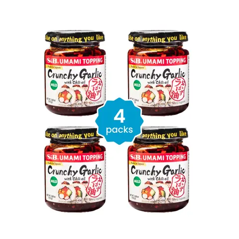 S&B Umami Topping Japanese Condiment Value Pack - 4 Packs (3.88 oz x 4), Crunchy Garlic, Chili Oil, Mild or Spicy Flavor, Ambient Cooking Staple, Spicy Sauces