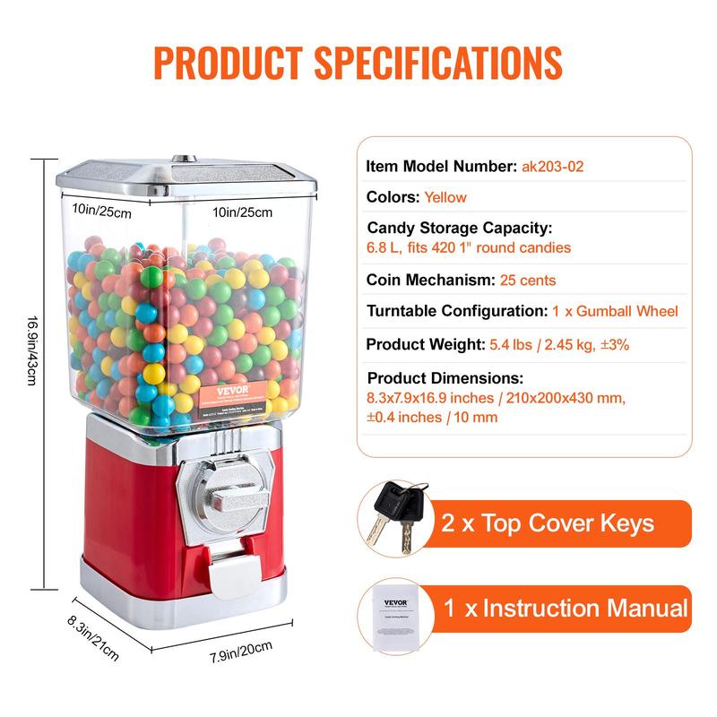 VEVOR Gumball Machine for Kids, TikTokShopBlackFriday, 17"H Home Candy Vending Machine, PC Gumball Dispenser, Bubble Gum Machine for Game Stores, Coin Operated Gumball Bank for Toy Capsules Bouncy Balls Candy, Red