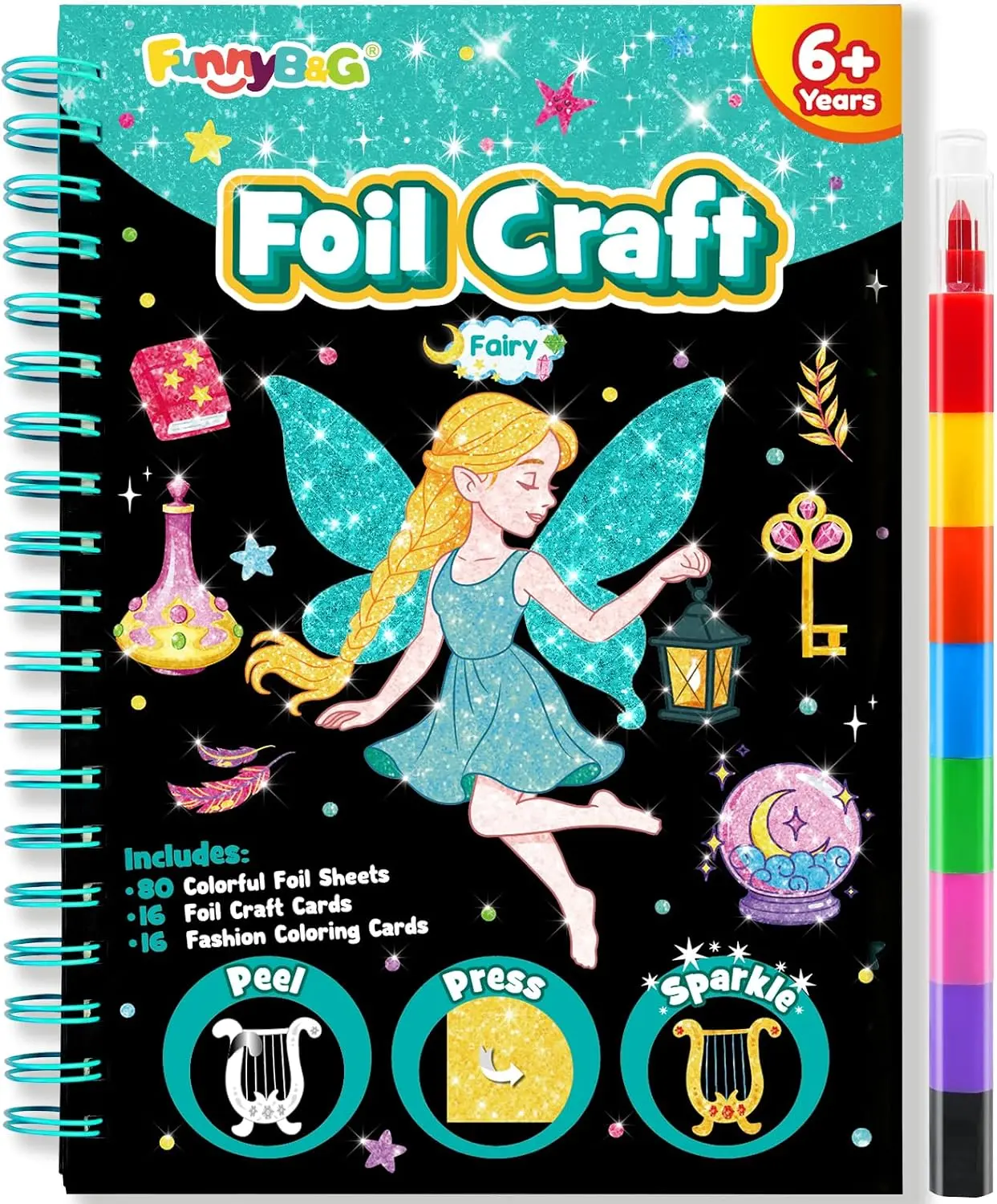 Fairy Themed Foil Art Craft Kit for Kids, Sparkly Birthday Gift Toy for Girls Ages 4-9, DIY Creative Art Supply Set, Portable Travel Craft, Birthday Party Favor for 4 5 6 7 8 9 Year Old Girls