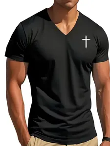Men's V-Neck Slim Fit Cross Print Short Sleeve T-Shirt, Sporty Quick-Dry Top, Summer Casual Wear, Street Style, Couple Fashion