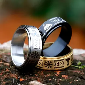 1pc Stylish Vintage Rotatable Decompress Stainless Steel Viking Ancient Engraved Ring Men'S Unisex Fashion Amulet Jewelry Gifts The Best Gift