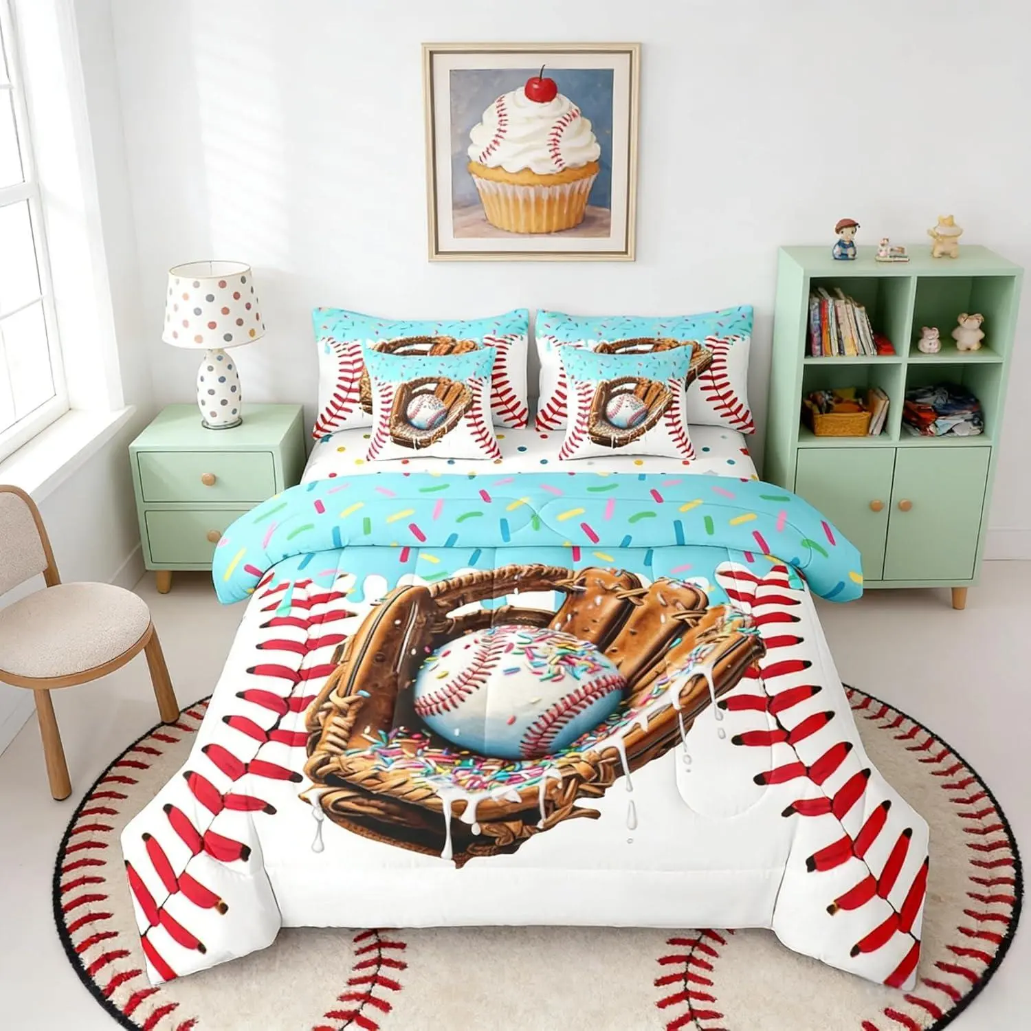 Sport Comforter Set 7 Pieces,Ice Cream Drip Dessert Bed Set Adults,Baseball Texture Bedding with 1 Comforter,1 Fitted Sheet,1 Flat Sheet,2 Pillowcases,2 Throw Pillow Cover