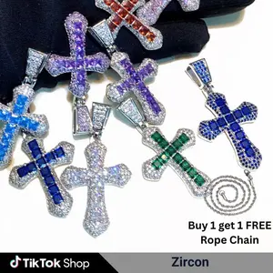 1 Count Colorful Cross Shaped Zircon Pendant Necklace Stunning Christian Unisex Jewelry Dainty Adjustable Chain Hypoallergenic Nickel-Free