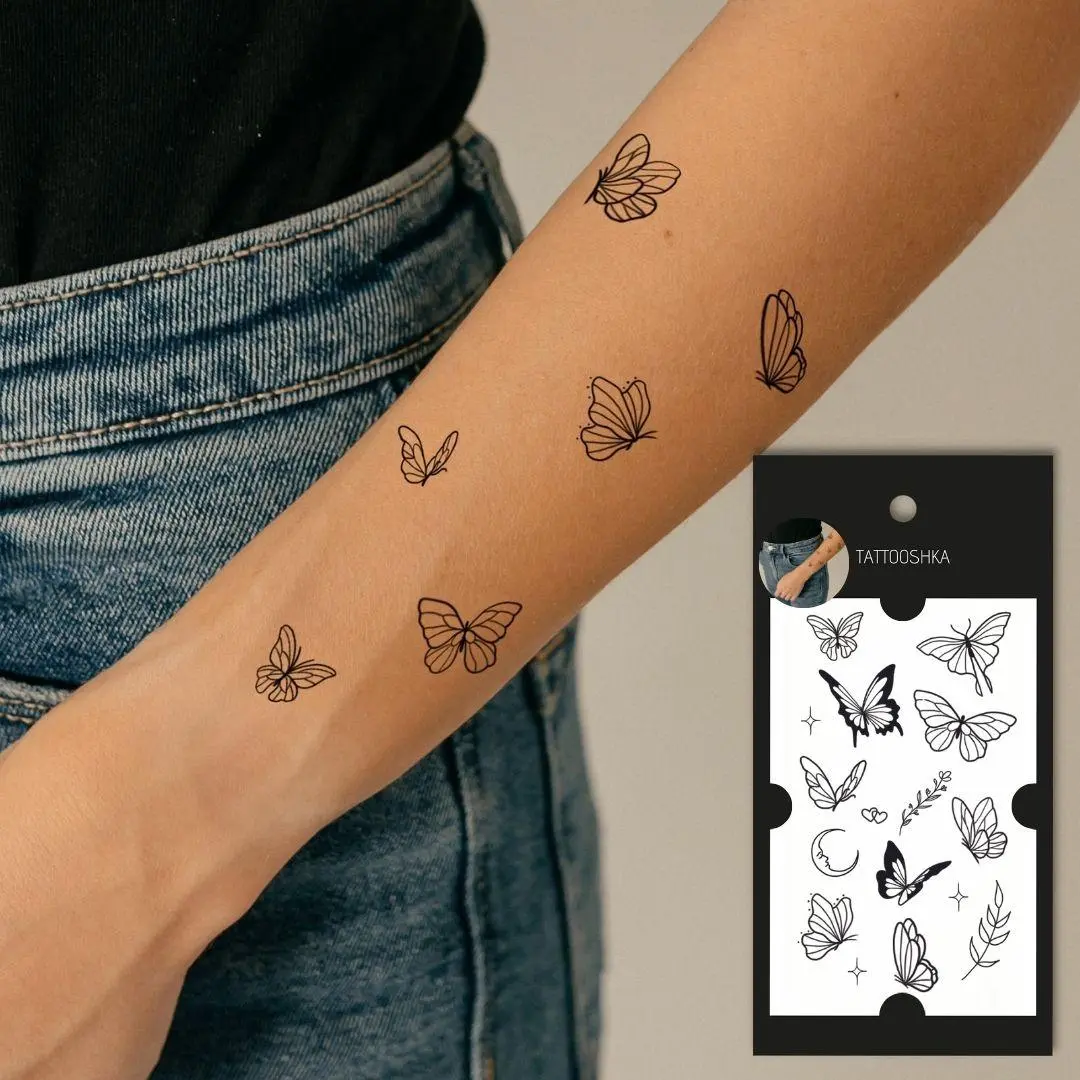 9 butterflies (L-73). Temporary tattoos. Party tattoos. Kids tattoos. Custom design. Tattoo sets. Ukrainian. Realistic. Waterproof