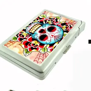 Novelty Metal Wallet Case Tattoo Style Skull and Roses With Built In Lighter