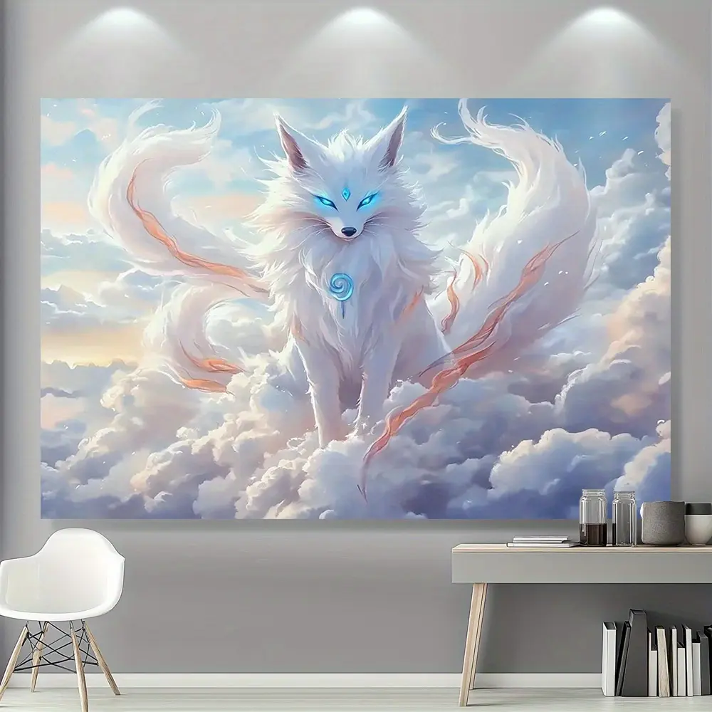 1pc 9-Tailed White Wolf Elegant Wall Tapestry Cloth, Wedding Decor, All-Season Home Supplies for Garden & Event Spaces,family,dormitory