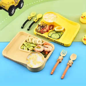 [Cartoon Racing Plate] Kids' Cartoon Racing Plate + Fork and Spoon Set |   Self-Feeding Divided Bowl, Baby Suction Anti-Slip Plate