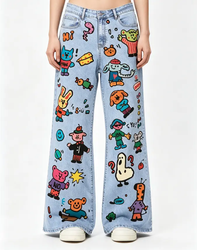 Vibrant Full Cartoon Graffiti Print High Waist Wide Leg Jeans Women Y2K Skater Style Loose Oversized Baggy Denim Bootcut Trousers Streetwear Pants