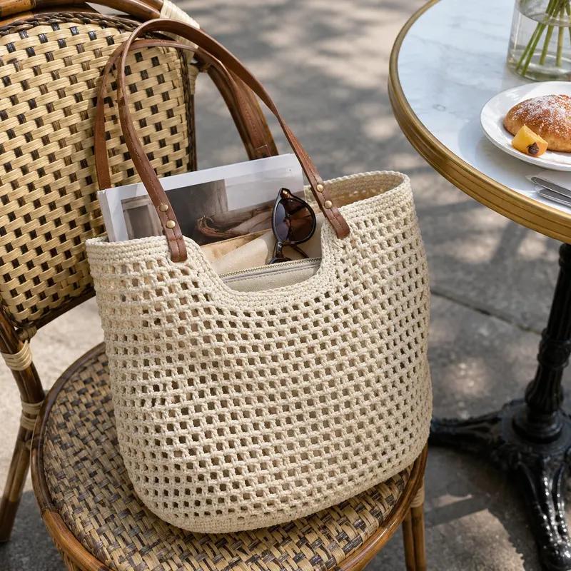 Crochet Tote Bag for Women, Hollow Out Knitted Mesh Shoulder Bag with Faux Leather Handles, Summer Beach Bag, Boho Woven Purse for Travel, Vacation, Shopping & Daily Use, Lightweight Casual Tote, Everyday Carry Bag