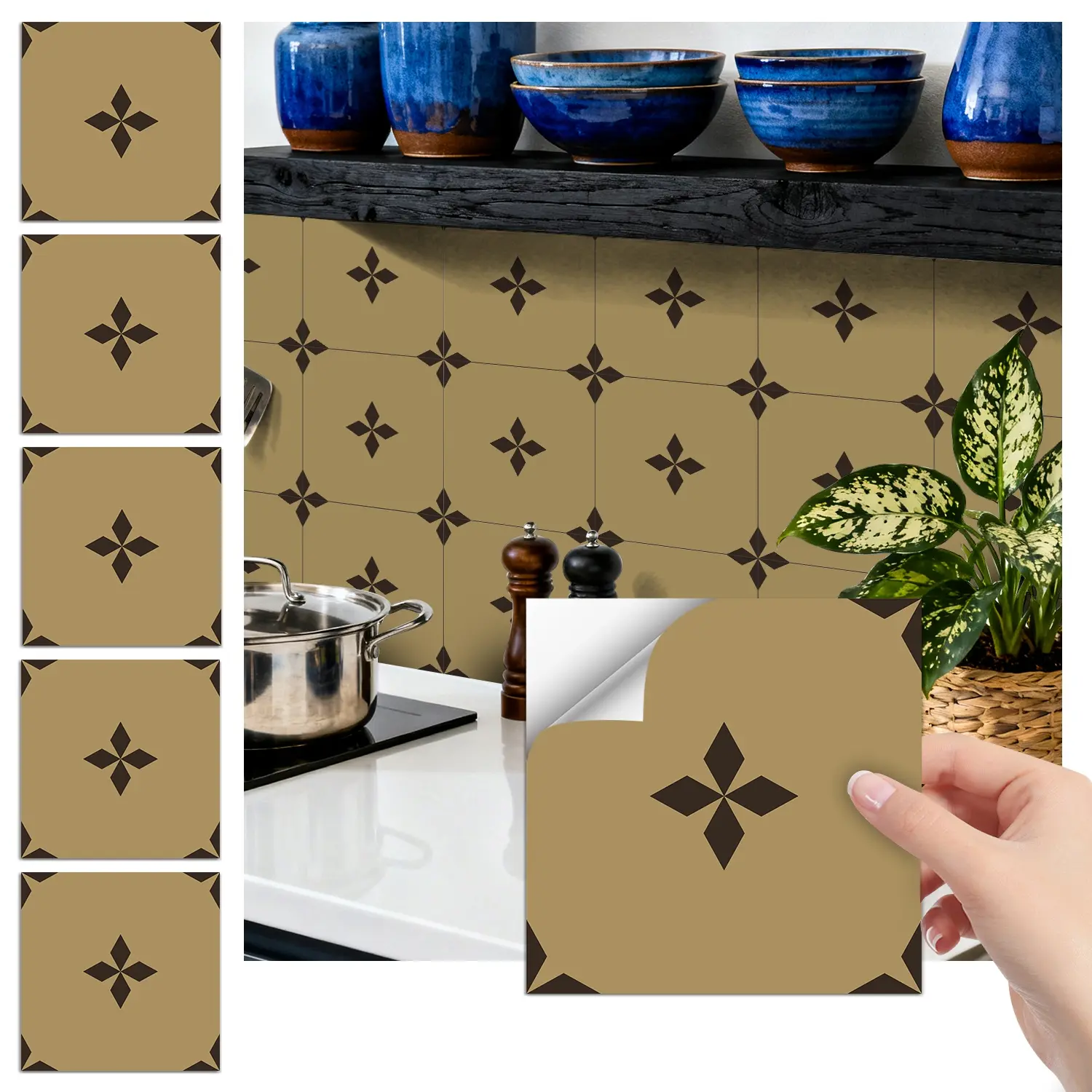 24PCS FHZ Classic Art Tile Tan-Black Geometric Wall Stickers | PET Matte | Peel & Stick Removable Waterproof Oil-Proof for Kitchen Backsplash Bathroom Bedroom Office School