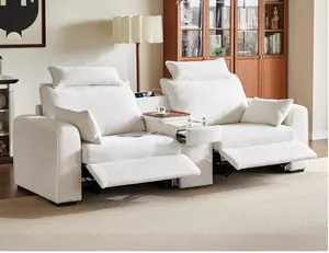 Power Recliner Sofa with Headrest, Loveseat 102.8''Oversized Cloud Modular Sectional Reclining Couch with Table, Storage Drawer, Charging, 2-Seater for RV Home Theater, Chenille, White