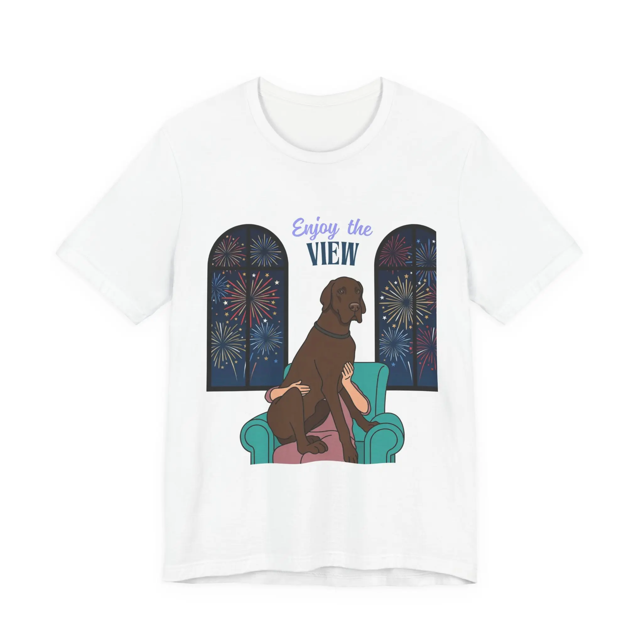 Chocolate Great Dane Enjoy the View T-Shirt — Dog Watching Fireworks Graphic Tee