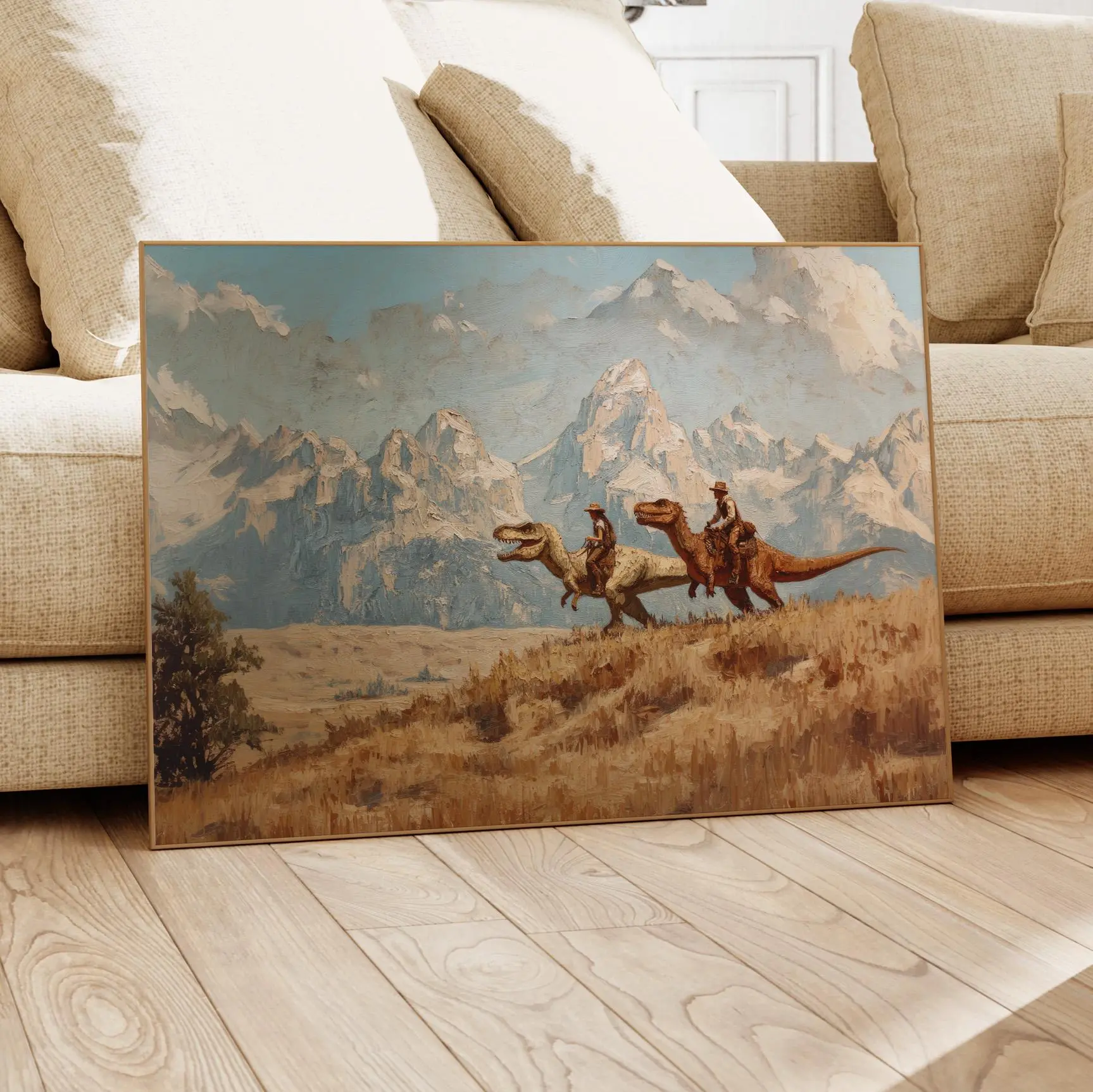 [Sale Up To 50%][No frame, Free Ship] Vintage Cowboy Riding Dinosaur Together Painting Print  Western Jurassic Wall Art  Funny Gift for Him