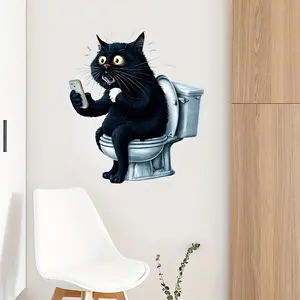 Fun cat and phone playing bathroom stickers - Christmas holiday wall stickers, Decorative beautiful home and room decorations for living rooms and bedrooms, toilet stickers, no need for power, plastic