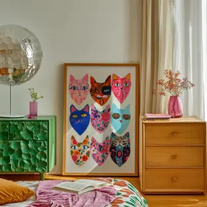 Wall Art, Eclectic Cat Faces Print, Floral Cat Decor, Dopamine Decor, Maximalist Cat Lover Gift, Quirky Animal Art, Colorful Pet Room Decor