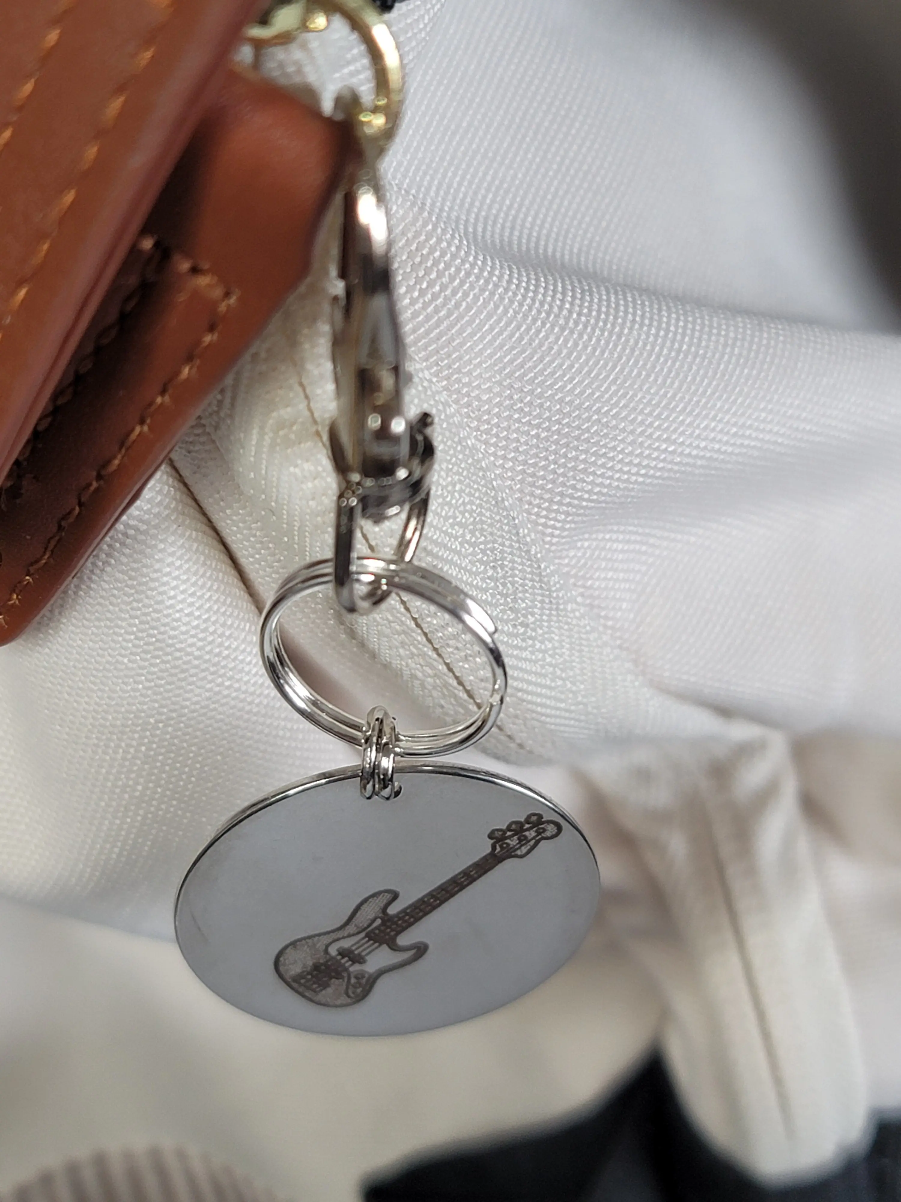 Laser Engraved Bass Guitar Keychain Fob – Steel Musician Zipper Pull