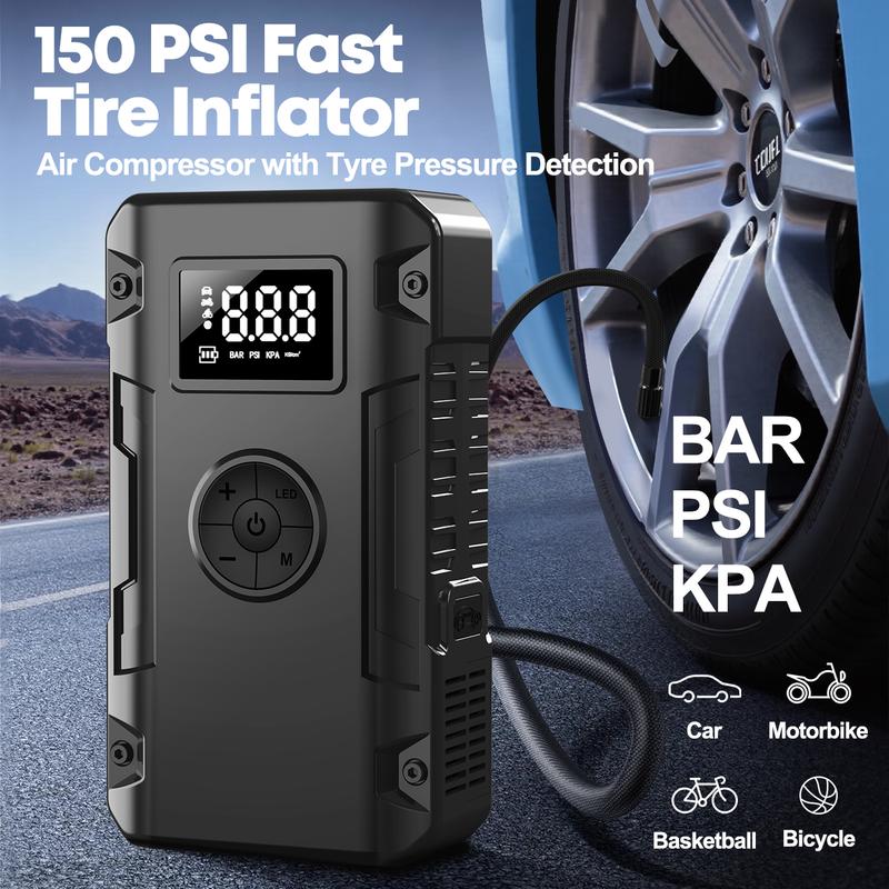 1pc 5-in-1 Jump Starter with Air Compressor-5000A Peak Power, 150PSI Digital Tire Inflator, ABS Material, USB Rechargeable, for Gas/Diesel Vehicles, Portable with LED Emergency Lighting, Auto Shut-Off, Tire Pressure Detection & Adjustment, Quick Charge