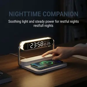 15W Fast Wireless Charger 4-IN-1 Multifunction Foldable Charging Station with Alarm Clock Wireless Speaker RGB Ambient Light, LED Display Touch Control Adjustable Brightness, Space-Saving for Nightstand Home Office Travel Essentials for All Qi#Easter Day