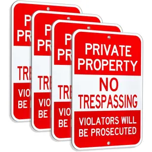 Large (4 Pack) 18x12 Inch Private Property No Trespassing Sign, Metal, Aluminum, Reflective, Outdoor Weatherproof, Easy to Install, Red