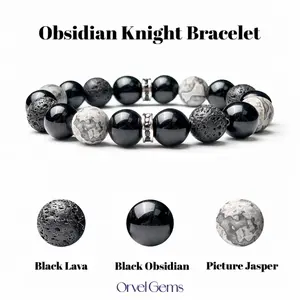 Obsidian Knight Bracelet for Men | Black Obsidian, Black Lava Stone & Picture Jasper Beaded Bracelet | Protection & Strength Jewelry Gift