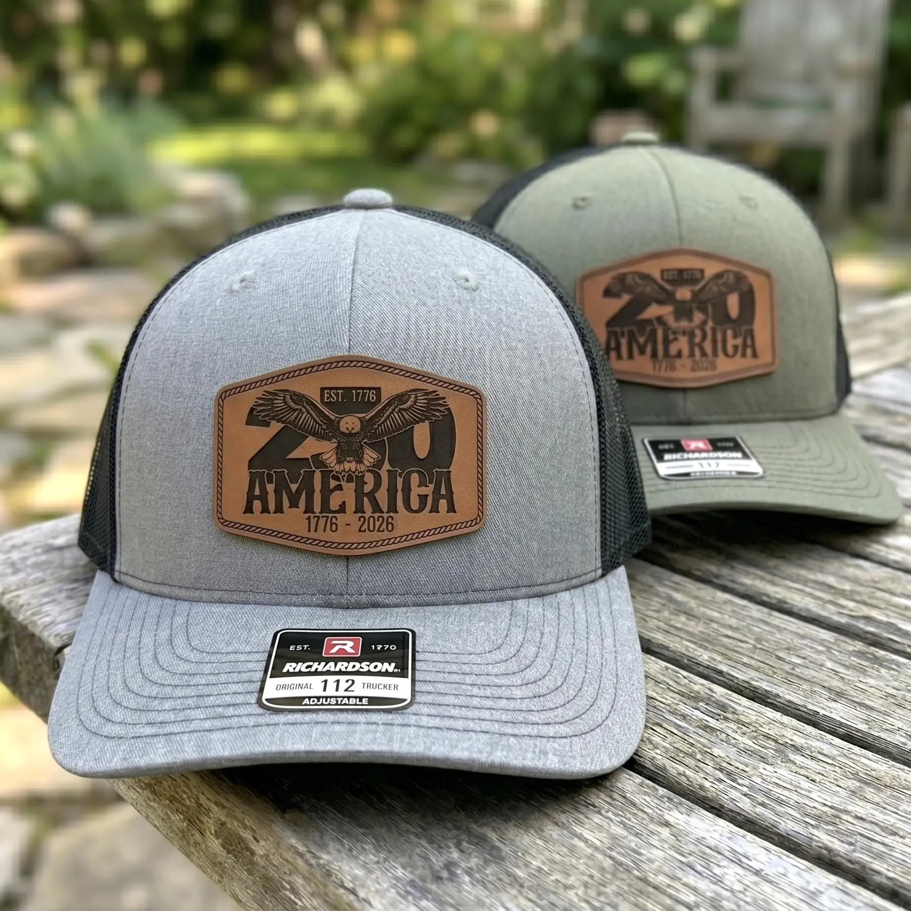 America 250th Anniversary Eagle Leather Patch Hat, Vintage Americana Richardson 112 Trucker Cap, Retro 1776-2026 Semiquincentennial Engraved Snapback, Classic 4th of July Celebration Gear, Rugged Patriotic Statement Gift