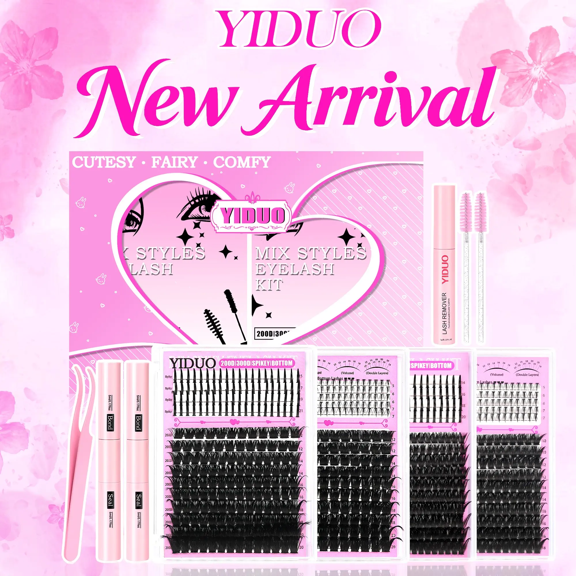 YIDUO Eyelash Cluster Set: 6 Styles (2-Pack) Volumized Fake Eyelashes /80D/100D/200D/300D/Spiky/Bottom Individual Eyelash Extension Set D-Curl 980Pcs with Lash Bond & Seal*2, Lash Remover,  Tweezers & Eyelash Brush Pieces Ideal for Beginners and Home Use