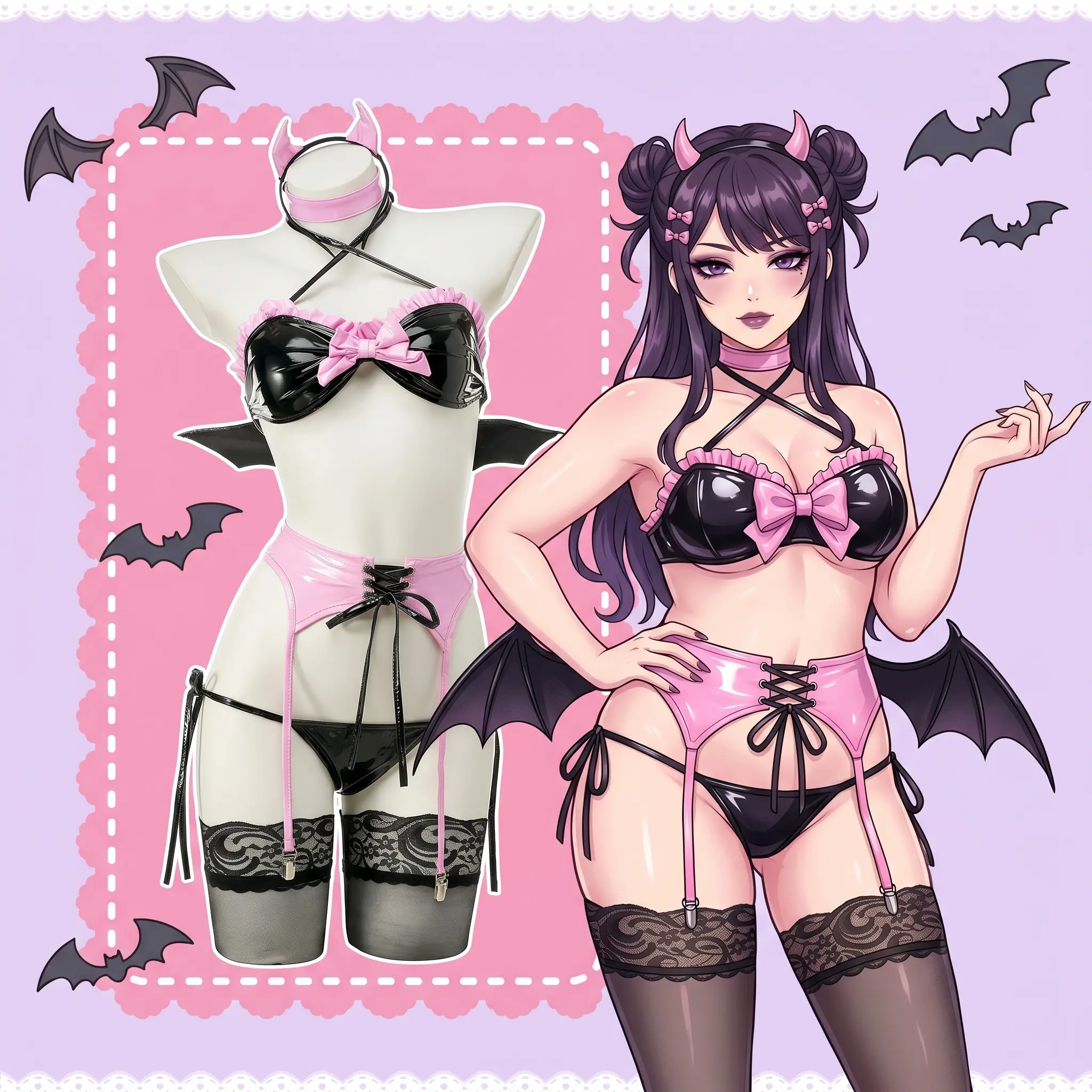 Moeveil Little Devil Bikini Set, Nighttime Seduction PU Leather Lingerie Set – Black and Pink, Sexy Anime-Style Lingerie Set, Perfect for Dates and Parties, Cute Cosplay and Loungewear