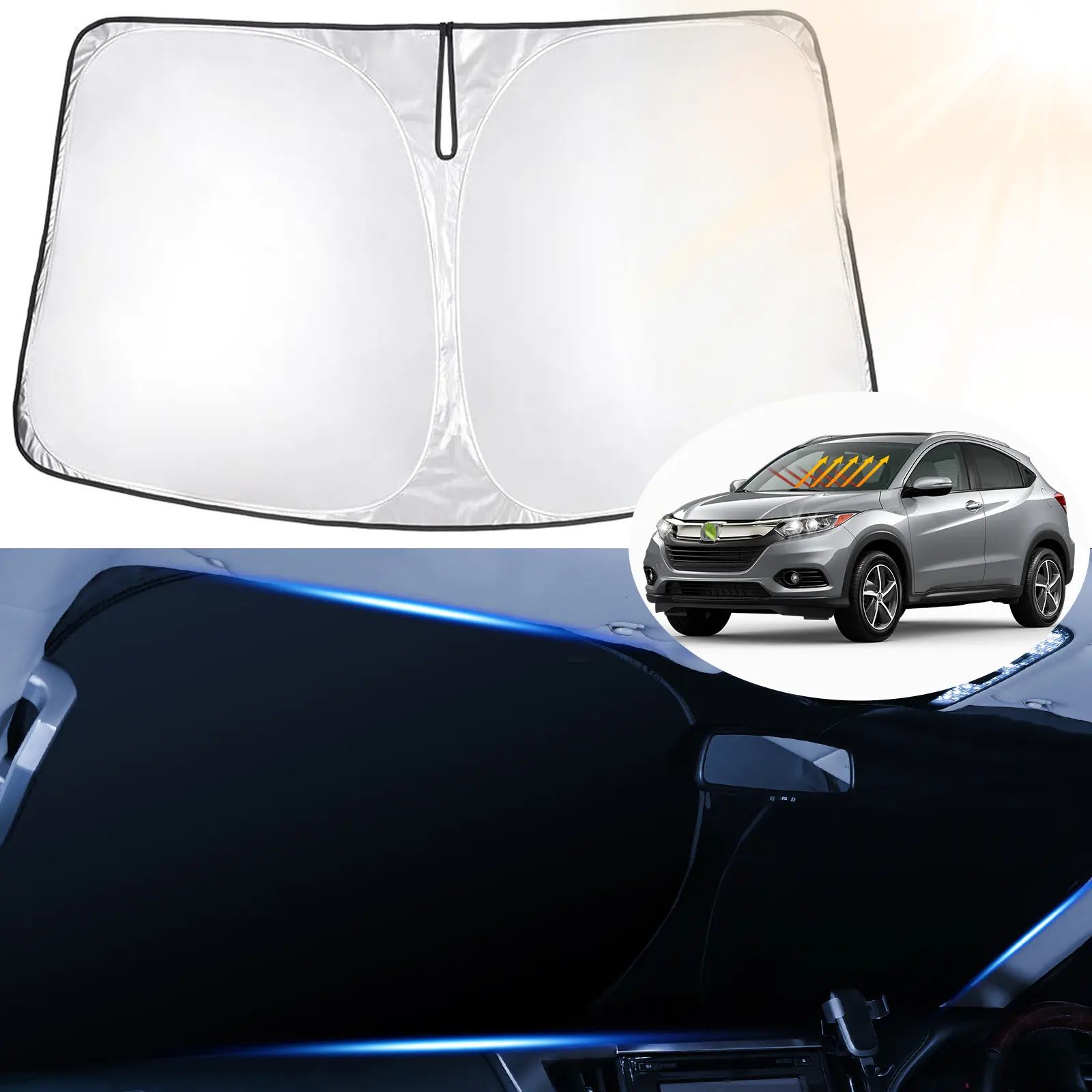 Canvcle Car Windshield Sunshade - Double Thickness Full Coverage Car Accessory, Windscreen Shade Cover for Honda HR-V 2016-2026, 240T 5-Layers Silver Black Fabric, Foldable 99% UV Blocking Protection