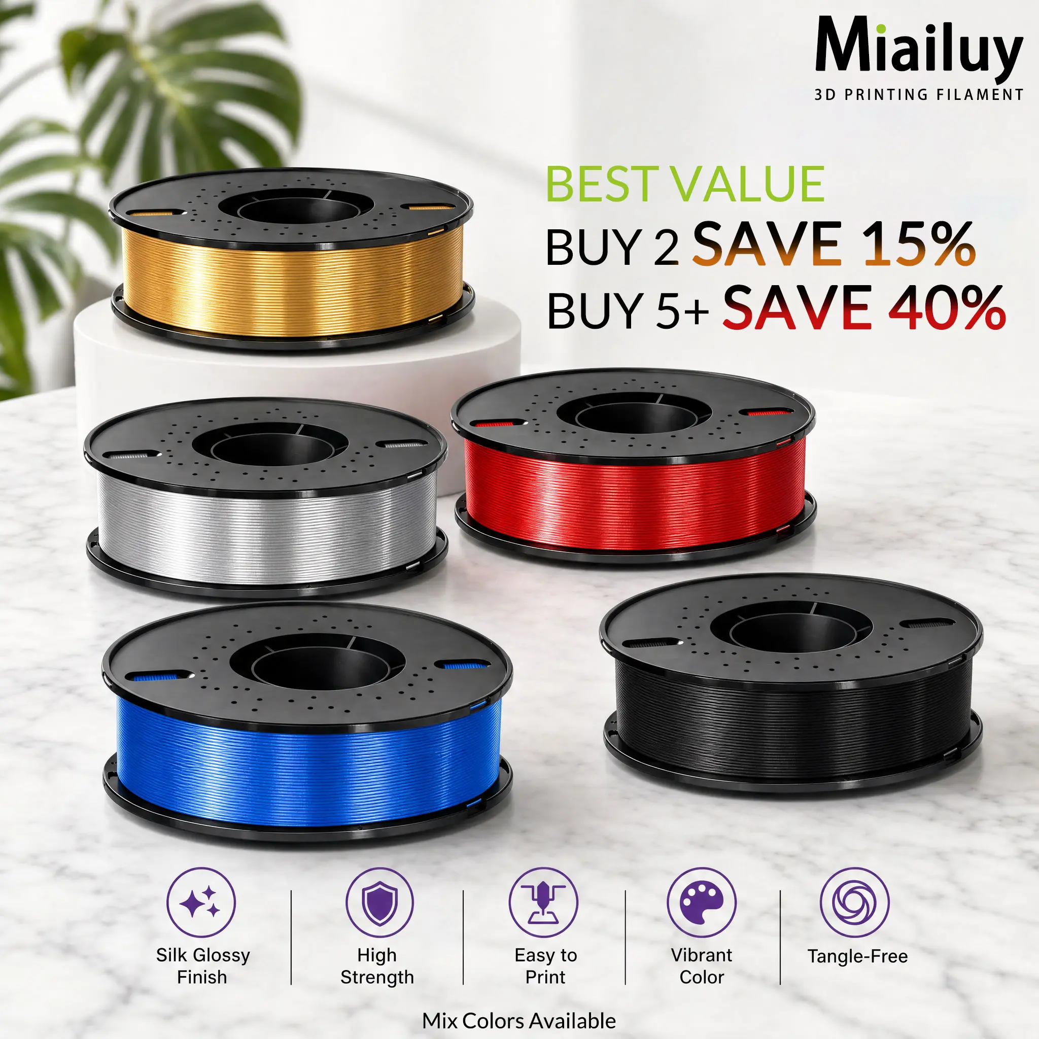 Miailuy 3D Printing Supplies PLA+ Filament, 1.75mm 1kg (2.2lb) Spool, Vacuum-Sealed with Desiccant, Tangle-Free, Clog-Free, Opaque Colors, Smooth Prints, High Compatibility for FDM Printers & Anycubic Models, Ideal for All Skill Levels