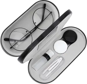 2 in 1 Contact Lens and Glasses Case Double Sided Portable Eyeglasses Case with Built-in Mirror Tweezer Remover and Contact Lens Solution Bottle Storage Kit for Travel Outdoors Daily Use