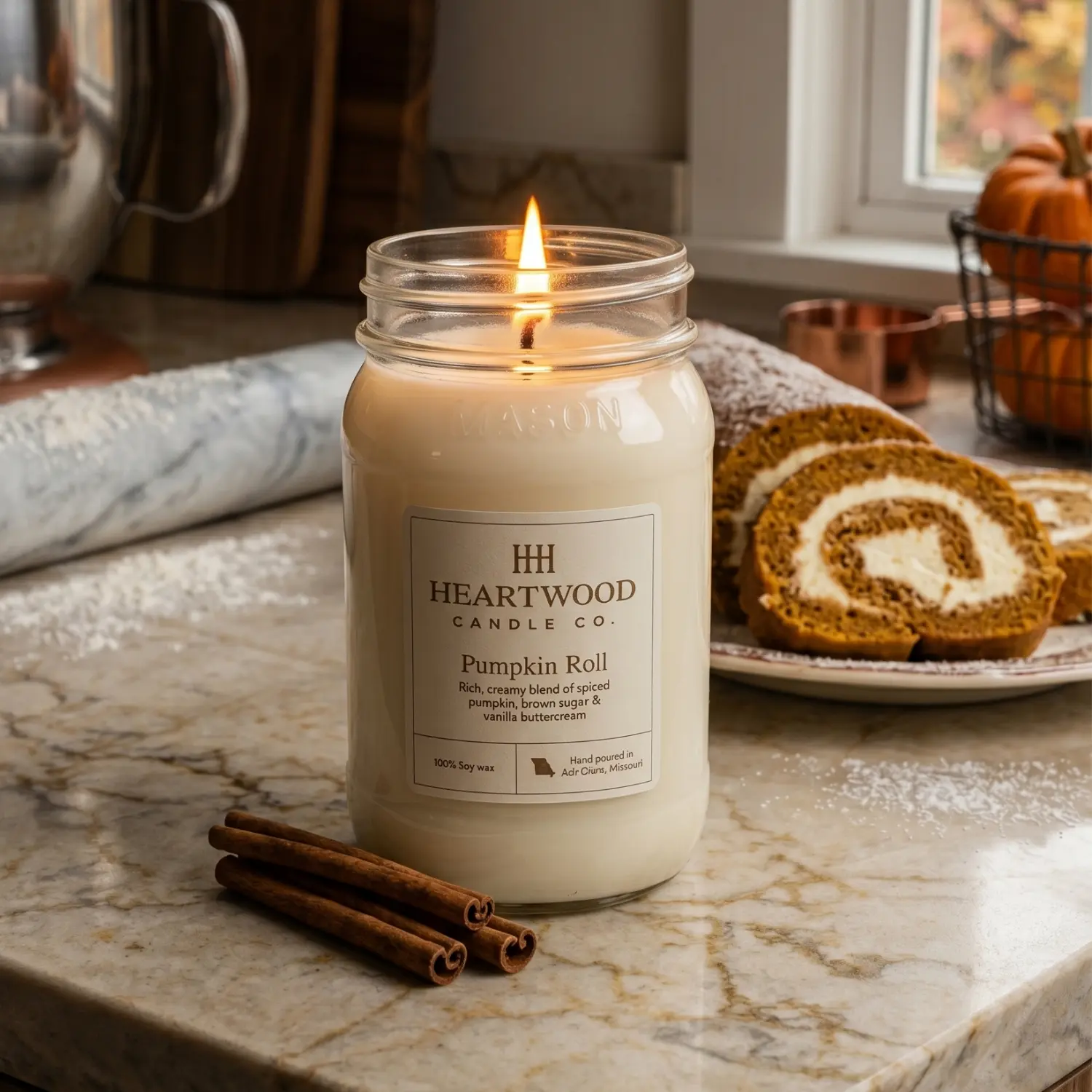 Pumpkin Roll | 16oz Mason Jar Soy Wax Candle | Clean Burning