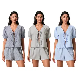 Women's fashionable and elegant two-piece checkered shorts set - loose V-neck lace up bubble sleeve top and high waisted shorts, summer casual set (S-XL) Clothes Womenswear Suits