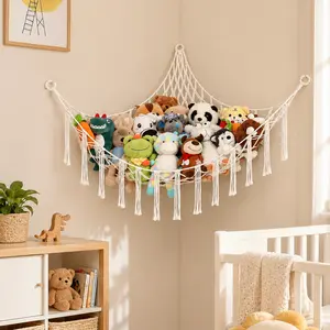 White cotton rope wall-mounted storage hammock, handmade Bohemian-style corner storage net, includes 3 hooks and 3 wall anchors, suitable for storing blankets, throw pillows, towels, and clothing; ideal for bedroom, living room, and wardrobe corner decor