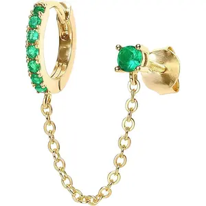 14K Gold Plated Drop Chain Earrings for Women| Double Piercing Set with Green CZ & Pearl Stud/Clip, Luxurious