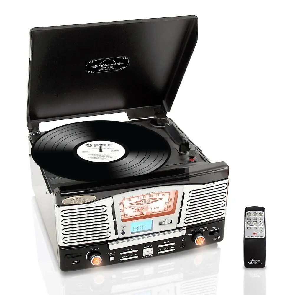 Retro Style Turntable Record Player with Am/Fm Radio, Mp3/WMA Via USB/SD Card Readers, And Vinyl-To-Mp3 Encoding Function, Built-in Speaker & Remote Control | Ideal Gift for Music Lovers
