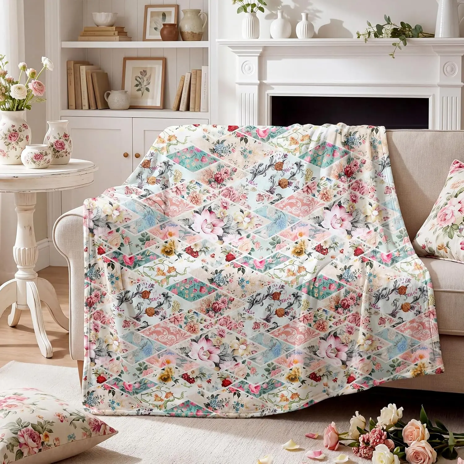Pastel Vintage Floral Patchwork Throw Blanket Soft Flannel Plush Blanket Cottagecore Shabby Chic Farmhouse Home Decor Blanket for Couch Bedroom