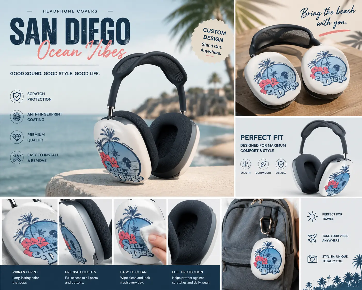 San Diego Beach Graphic Ear Cup Covers – Lightweight Protective Headphone Shells, Tropical Coastal Design